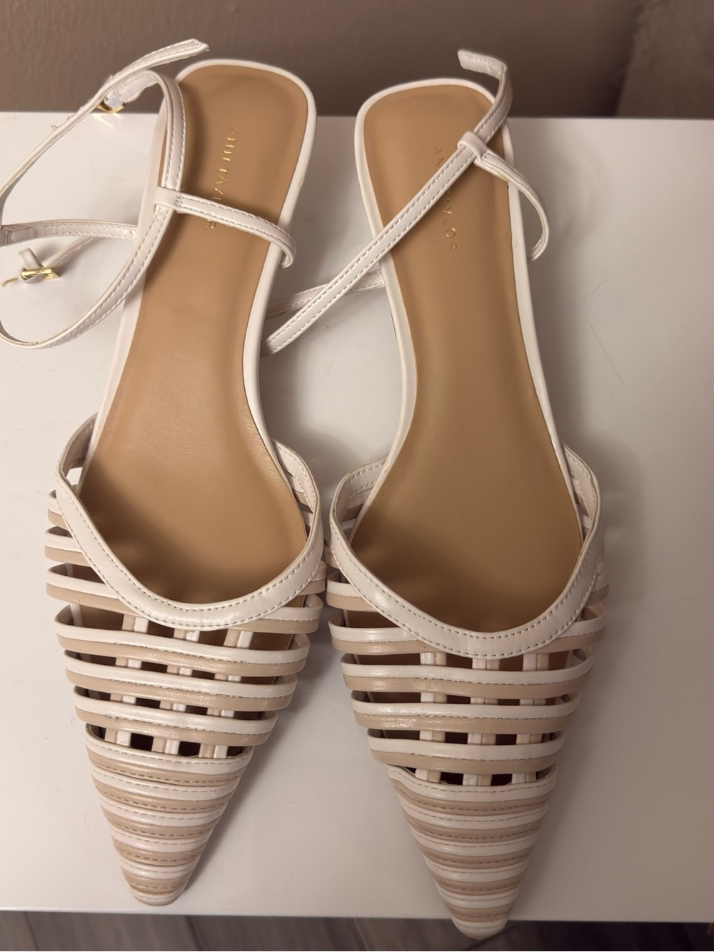 Ann Taylor Factory Cream Strappy Pointed-Toe Mules